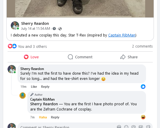 Captain RibMan comments that Sherry R is 'the Zefram Cochrane of cosplay'