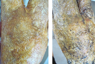 detail of cured latex on glove, and after initial black wash