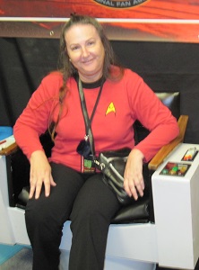 Sherry R cosplay in diy Star Trek TOS red shirt