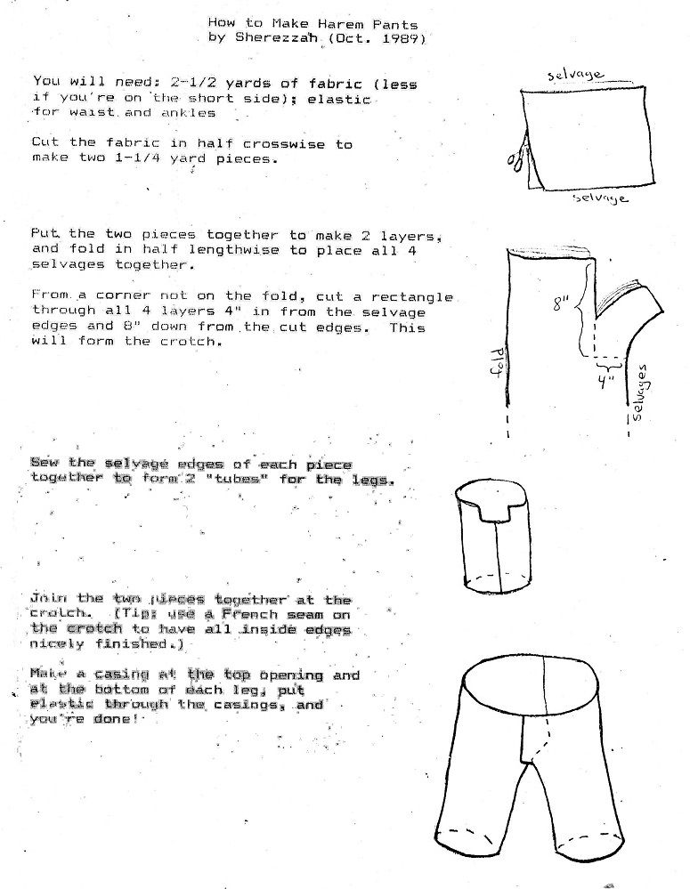 scan of instructions for harem pants
