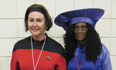 Sherry R cosplay as Ensign Ro, Jul 2018, with buddy Guinan